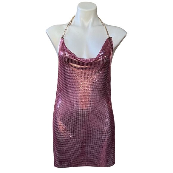 Pink Chainmail Mini Dress W/ Detachable Gold Chain Neck Strap & Draped Back OS - Picture 1 of 8